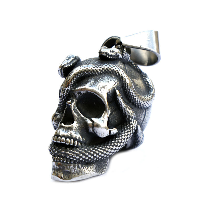 Stainless Steel Snake Head Skull Pendant Necklace