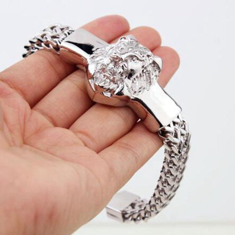 Men's Gold Stainless Steel Franco Chain Lion Head Bracelet