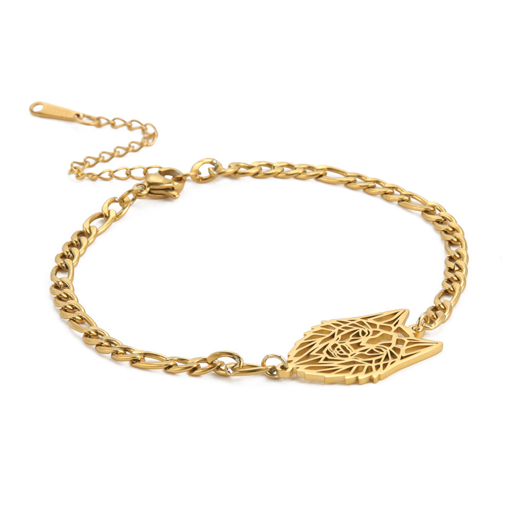 Hollow Wolf Head Pendant Figaro Chain Bracelet