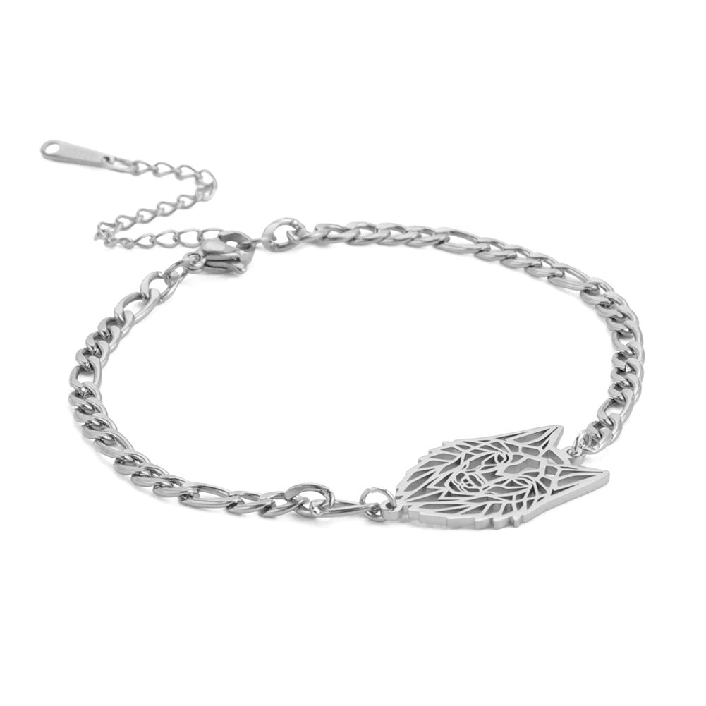 Hollow Wolf Head Pendant Figaro Chain Bracelet