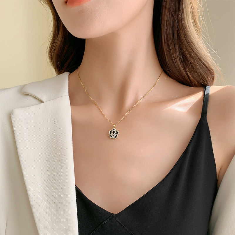 Stainless Steel French Rose Pendant Necklace for Women