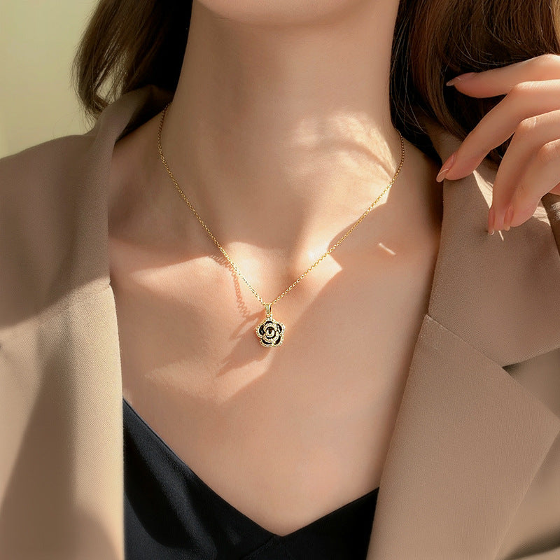 Stainless Steel French Rose Pendant Necklace for Women