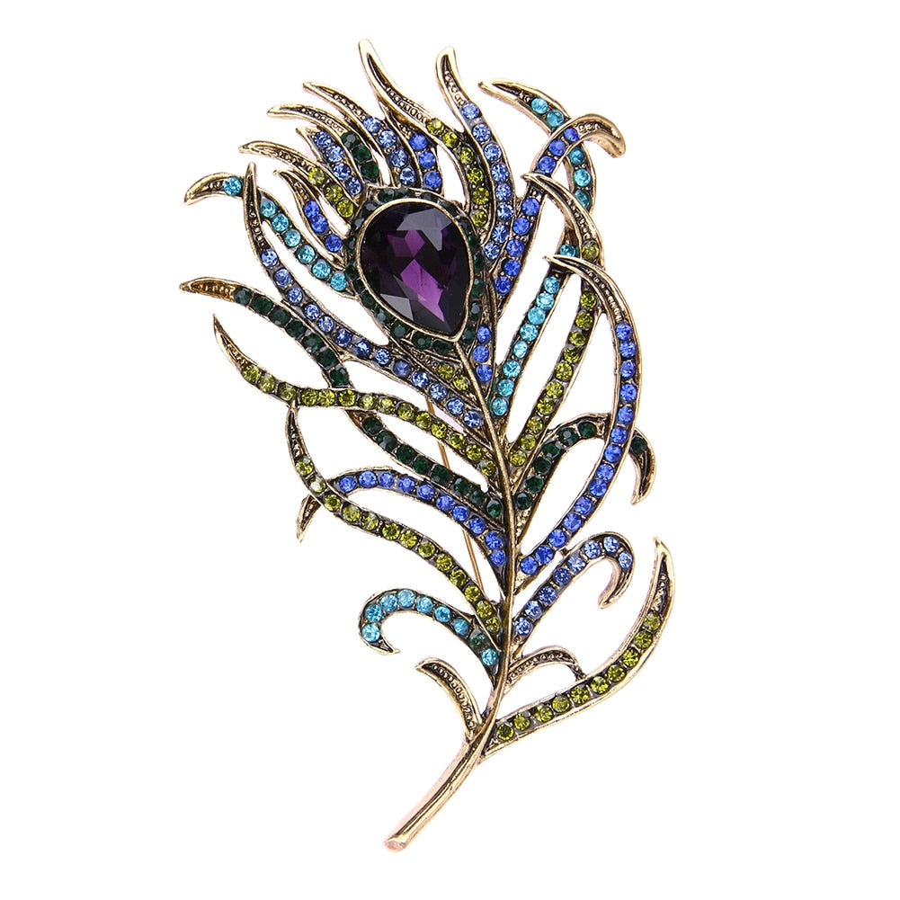 Feather Lapel Brooch — Vintage Style, Rhinestone Detail