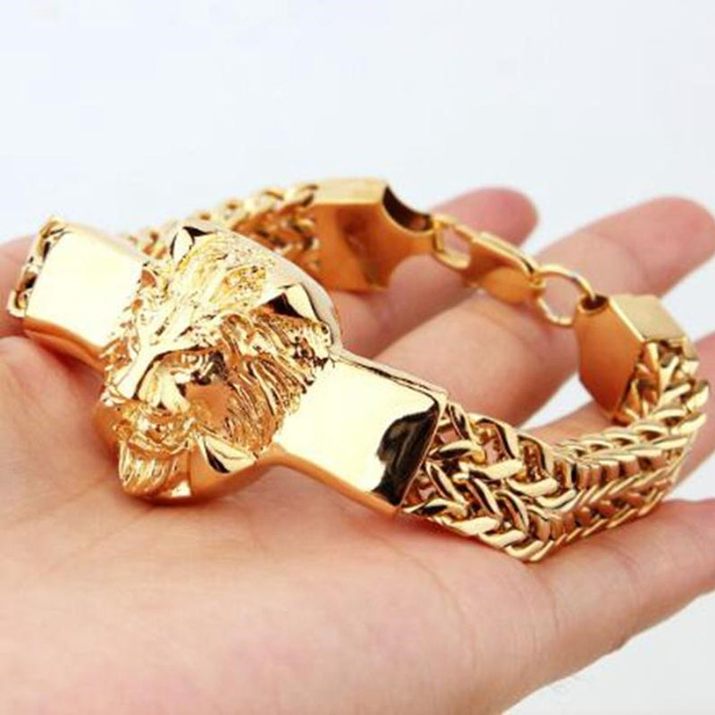 Men's Gold Stainless Steel Franco Chain Lion Head Bracelet
