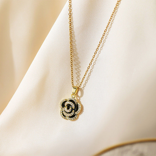 Stainless Steel French Rose Pendant Necklace for Women
