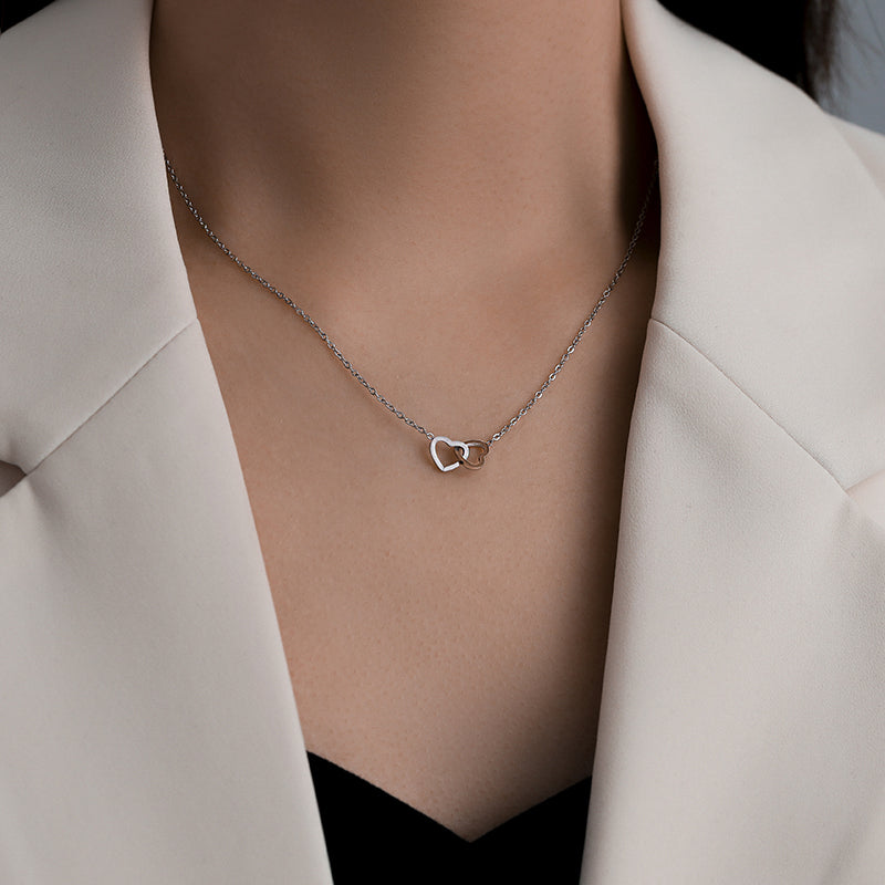 Double Heart Pendant Necklace for Women - Stainless Steel