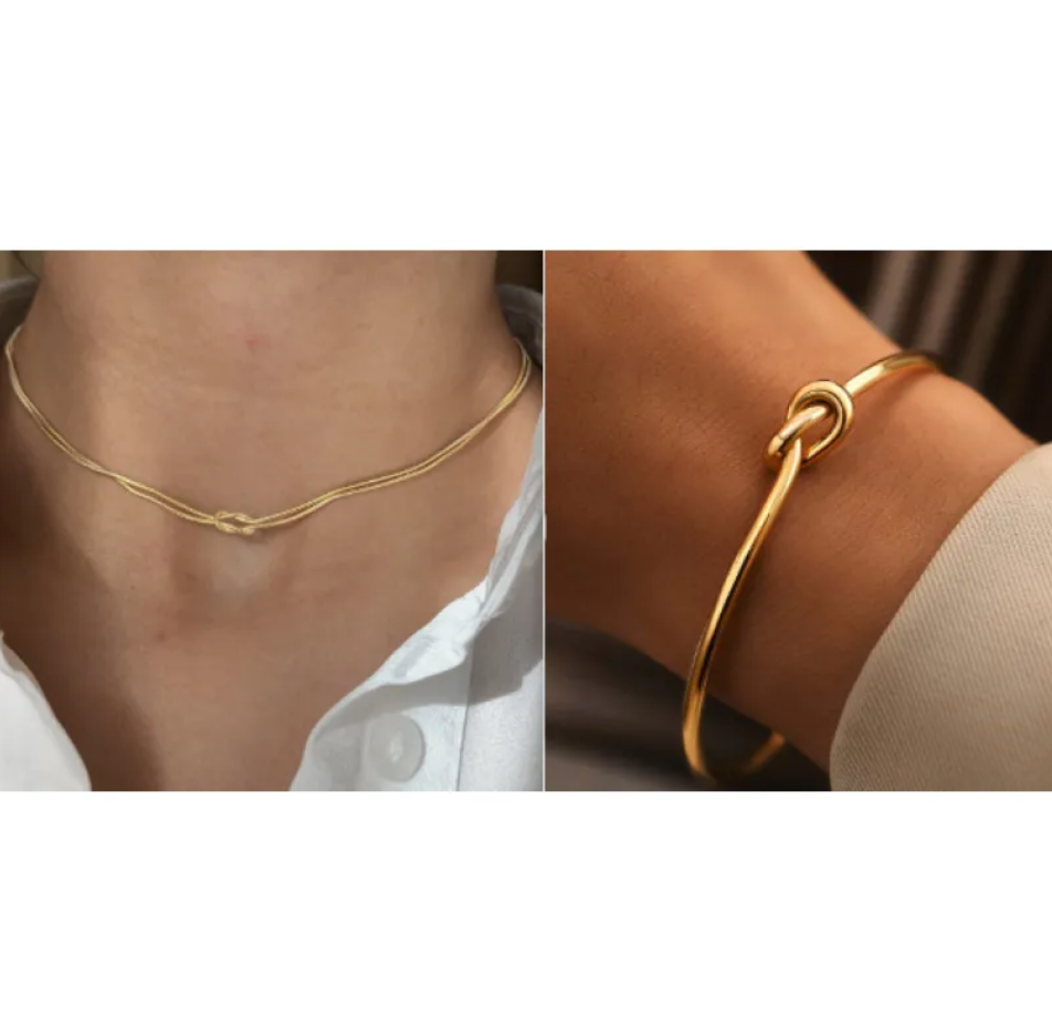 Stainless Steel Knot Chain Necklace & Handwoven Bracelet Set