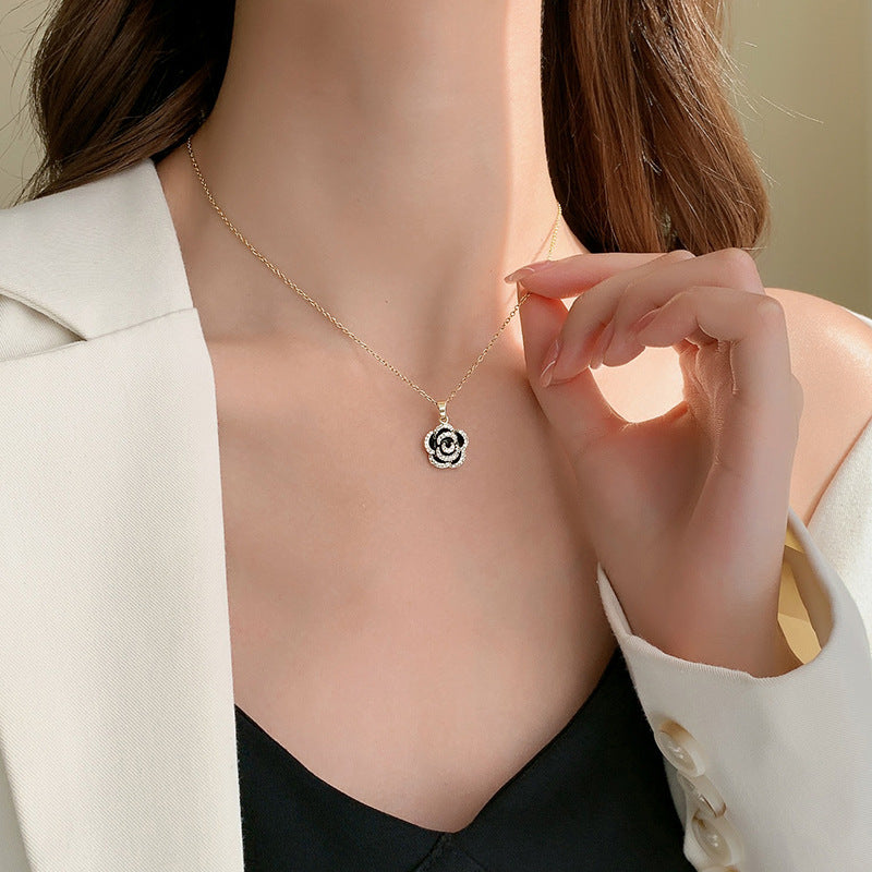 Stainless Steel French Rose Pendant Necklace for Women