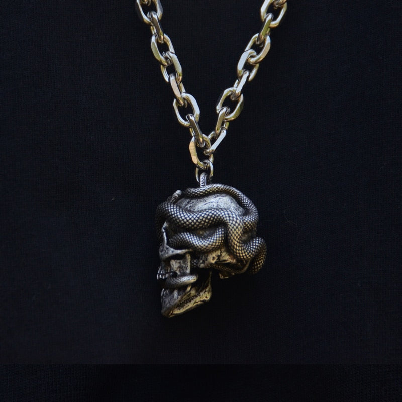 Stainless Steel Snake Head Skull Pendant Necklace