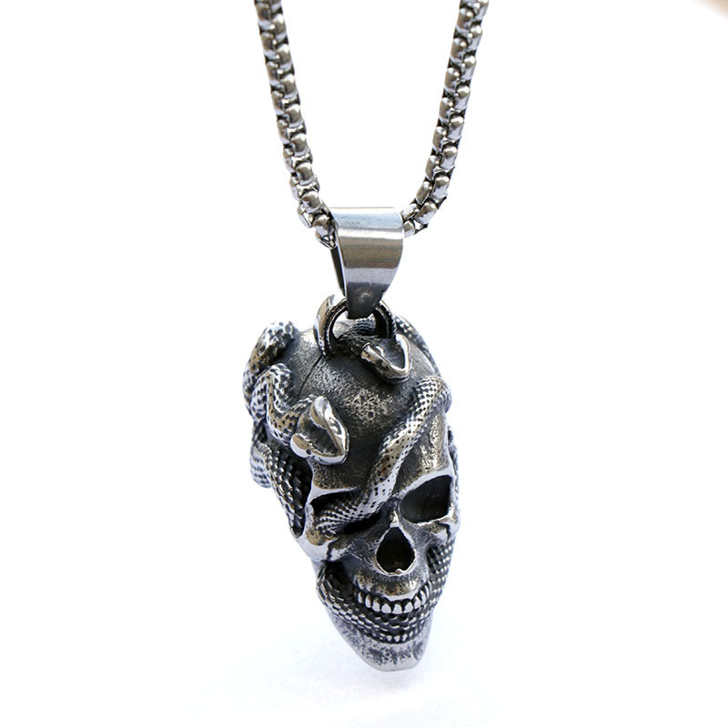 Stainless Steel Snake Head Skull Pendant Necklace
