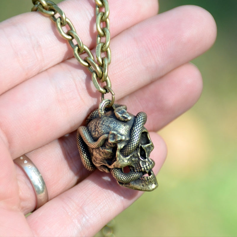 Stainless Steel Snake Head Skull Pendant Necklace