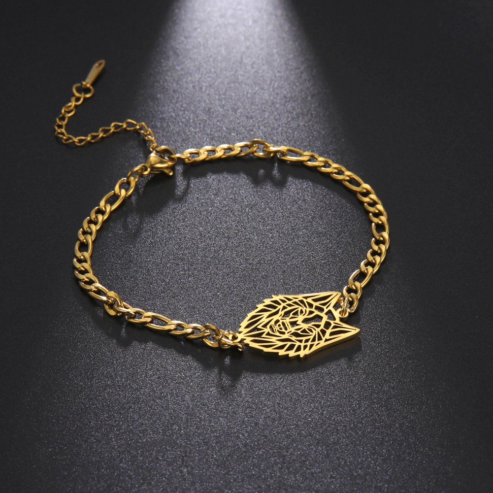 Hollow Wolf Head Pendant Figaro Chain Bracelet