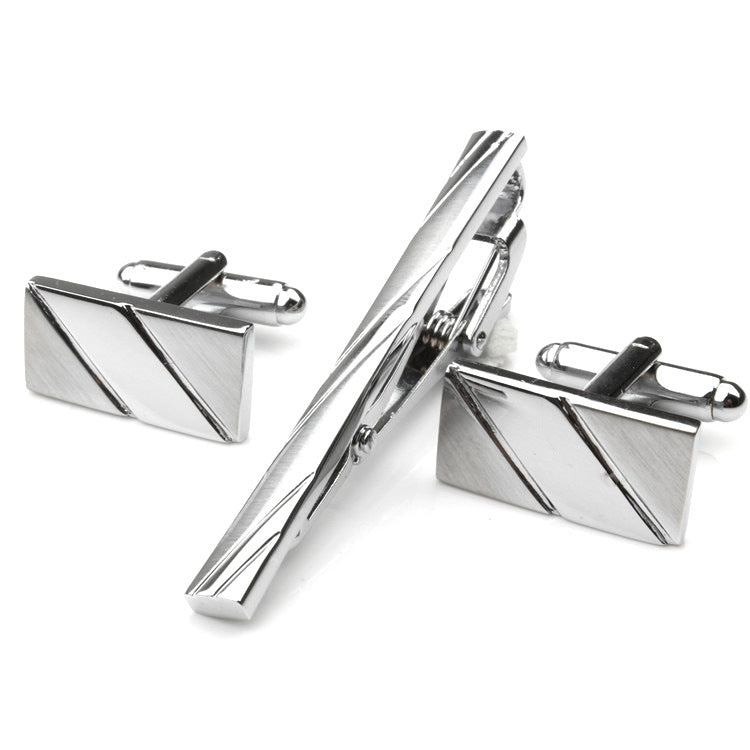Men's Fashion Tie Clip + Cufflinks Set — Polished Silver