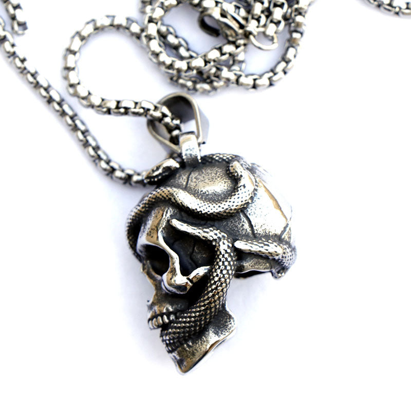 Stainless Steel Snake Head Skull Pendant Necklace