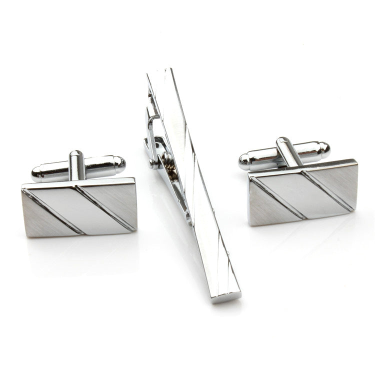 Men's Fashion Tie Clip + Cufflinks Set — Polished Silver
