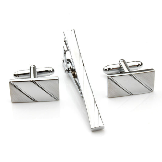 Men's Fashion Tie Clip + Cufflinks Set — Polished Silver