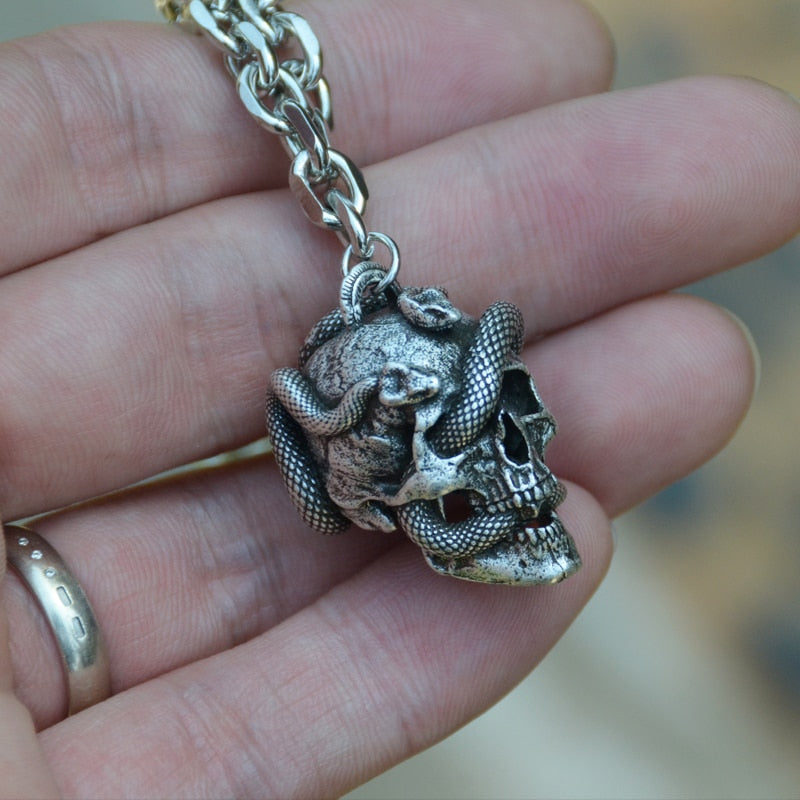 Stainless Steel Snake Head Skull Pendant Necklace